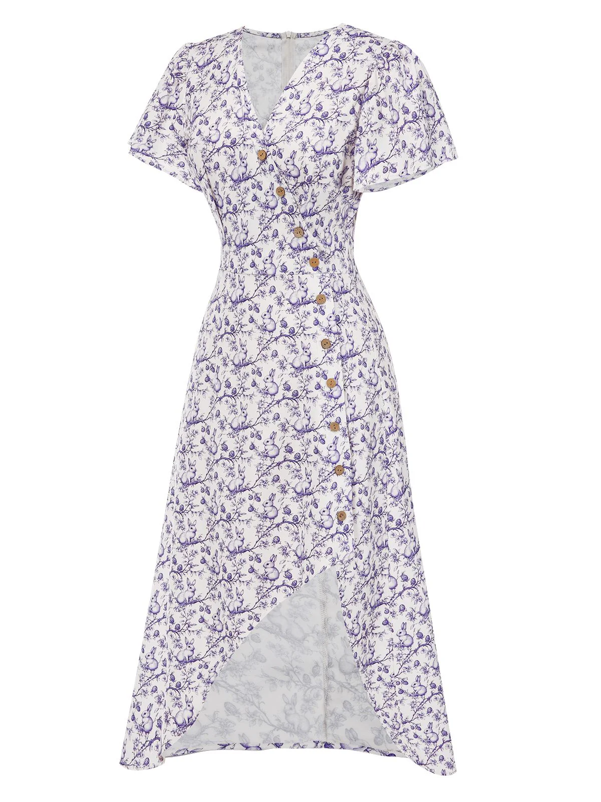 Red 1940s Floral V-Neck Added Button Dress - Image 19