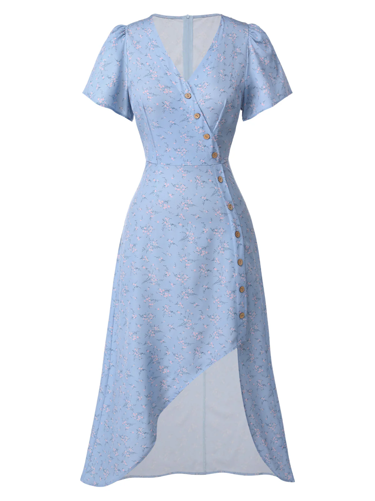 Red 1940s Floral V-Neck Added Button Dress - Image 11