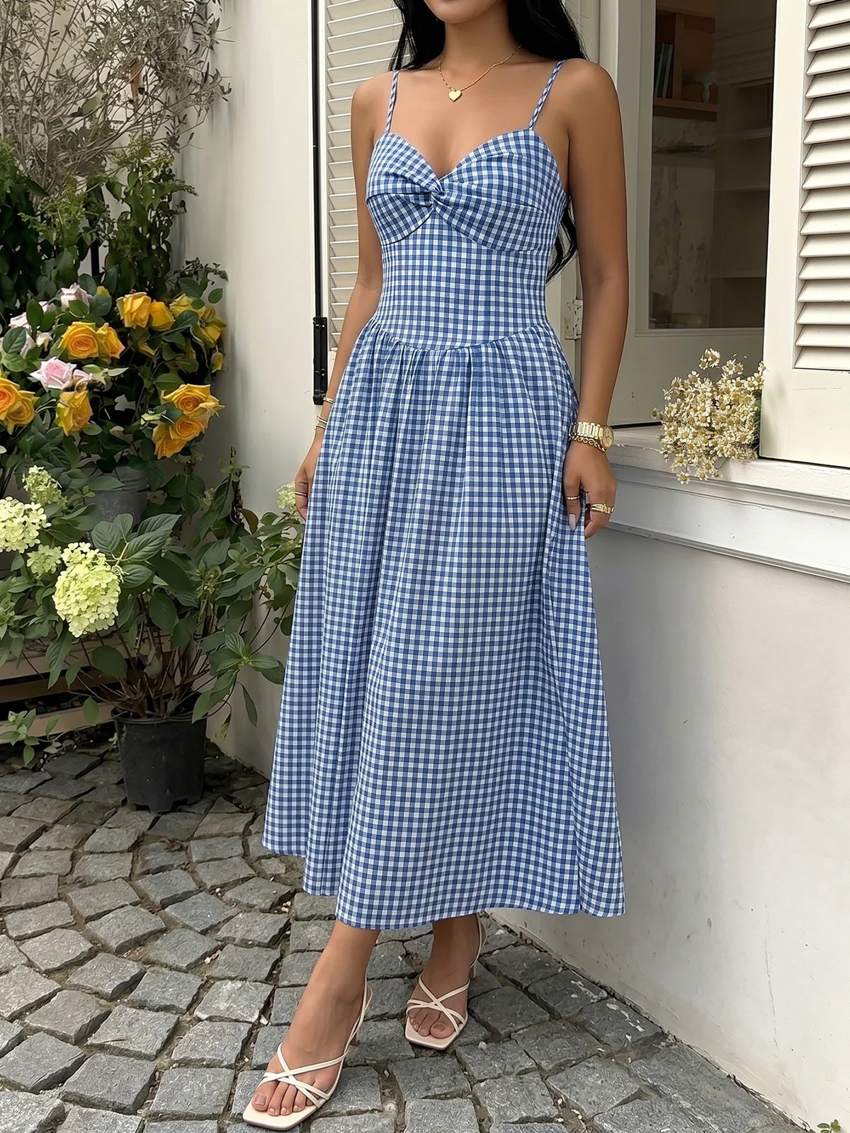 Blue 1940s Gingham Plaid Spaghetti Strap Dress - Image 4