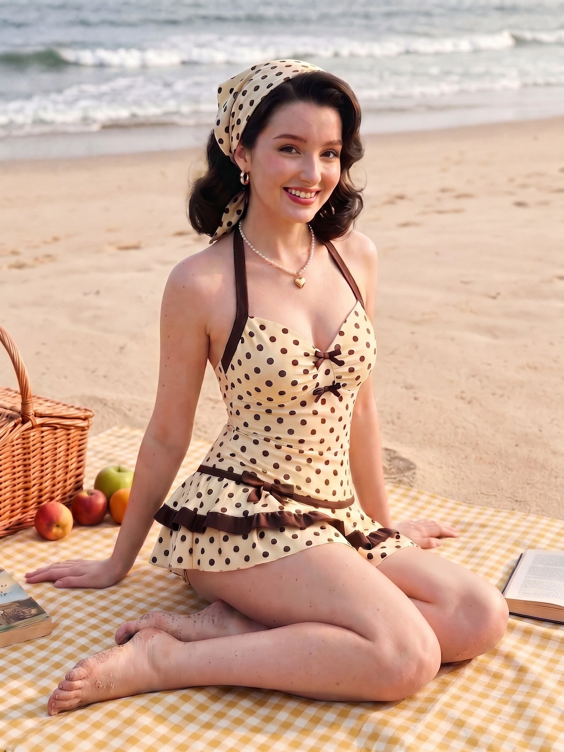 Blue 1940s Halter Bow Polka Dot Swim Dress - Image 4
