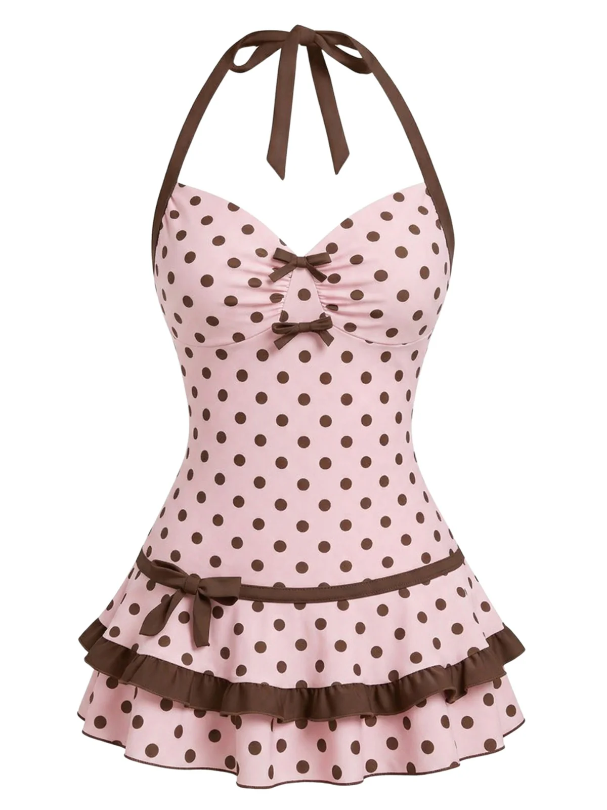 Blue 1940s Halter Bow Polka Dot Swim Dress - Image 5