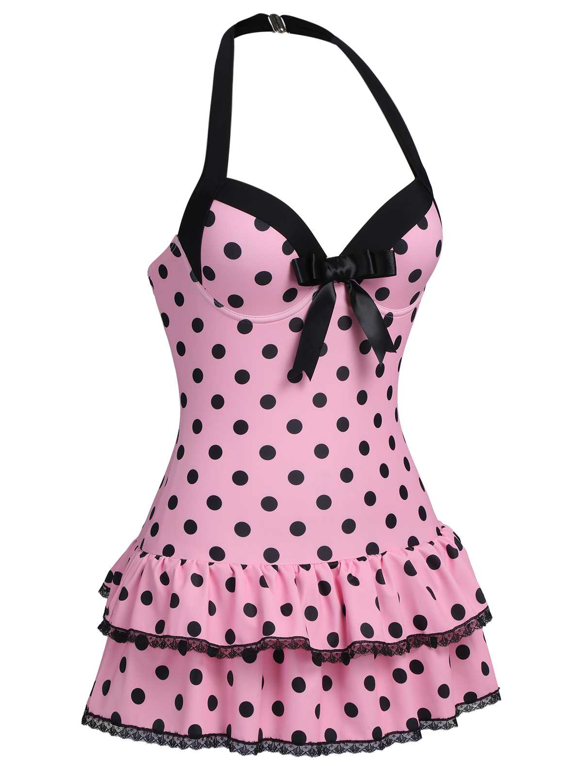 Pink 1940s Halter Polka Dots Bow One-Piece Swimsuit - Image 3