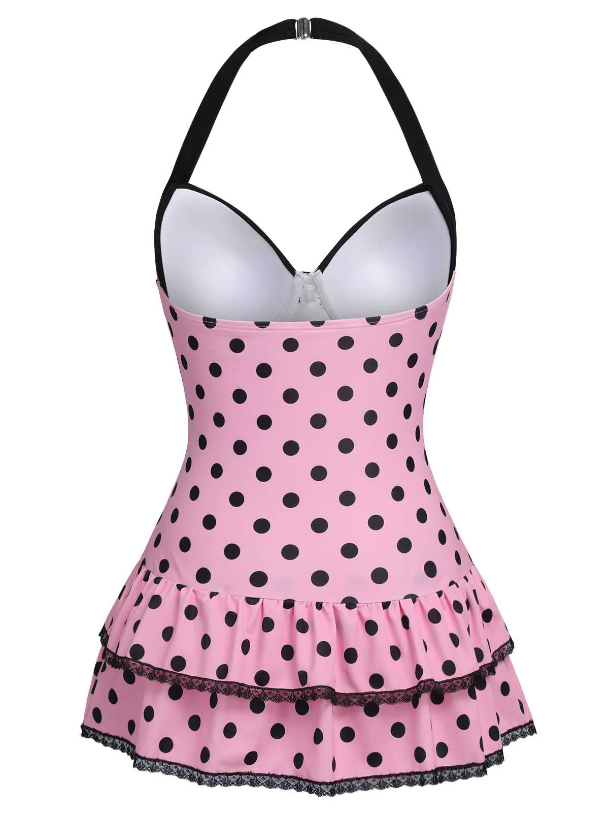 Pink 1940s Halter Polka Dots Bow One-Piece Swimsuit - Image 4