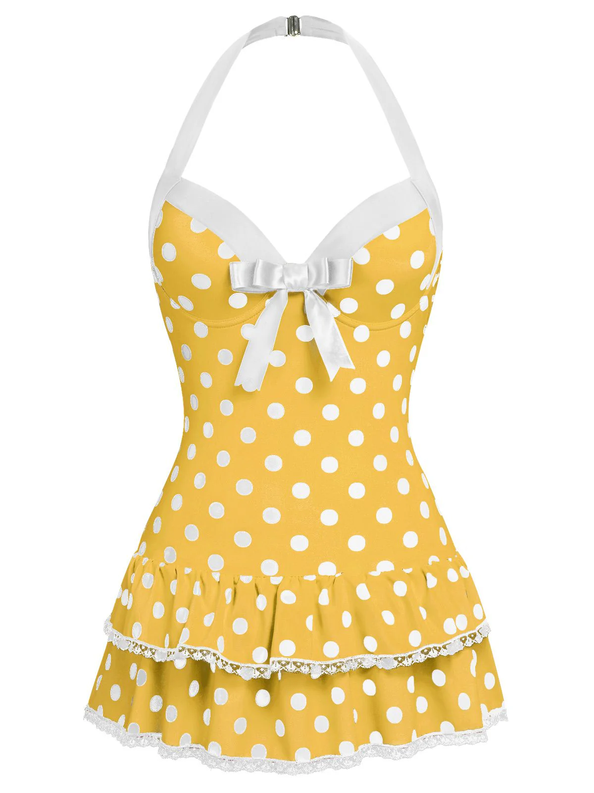 Pink 1940s Halter Polka Dots Bow One-Piece Swimsuit - Image 10