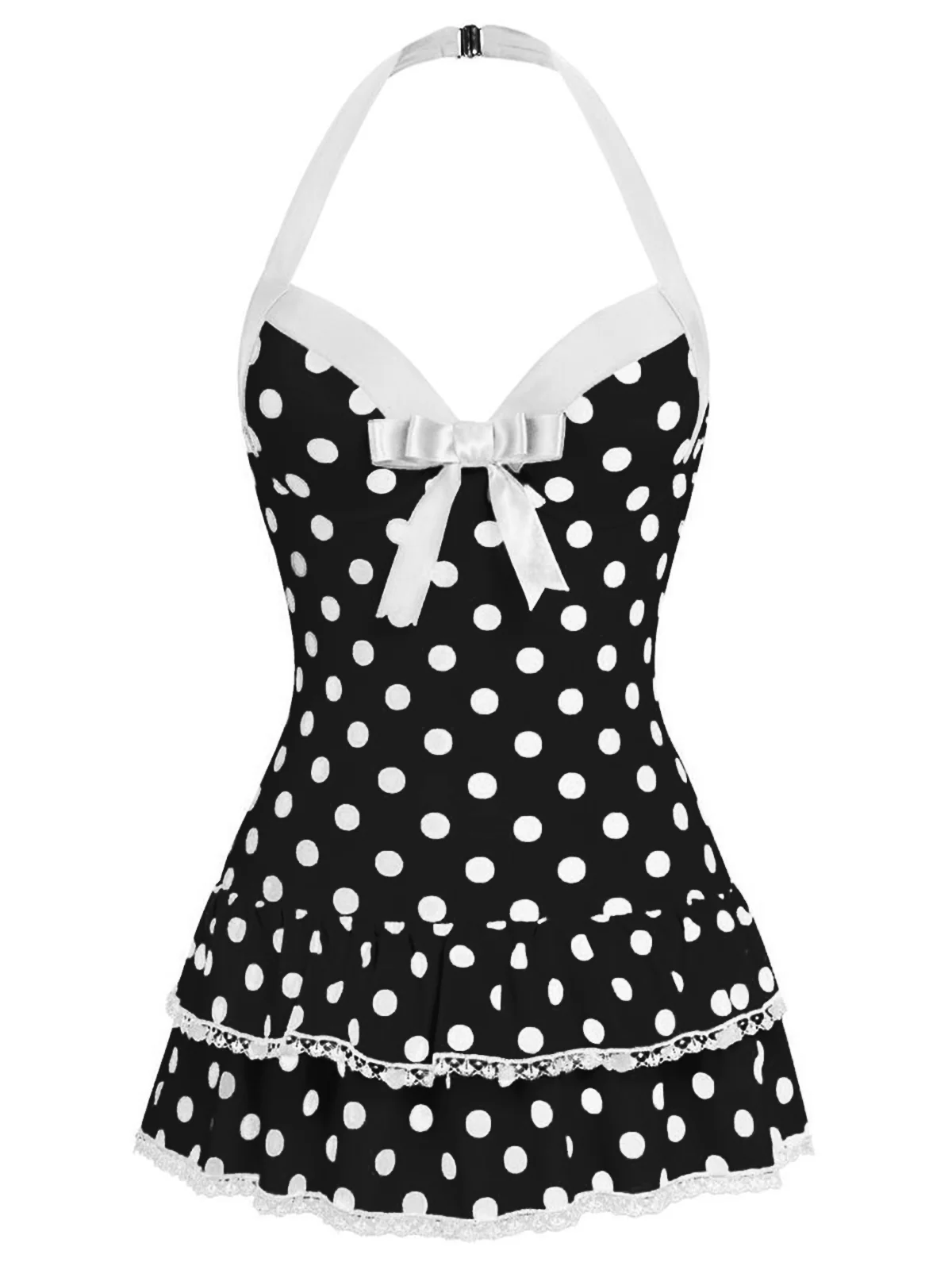 Pink 1940s Halter Polka Dots Bow One-Piece Swimsuit - Image 15