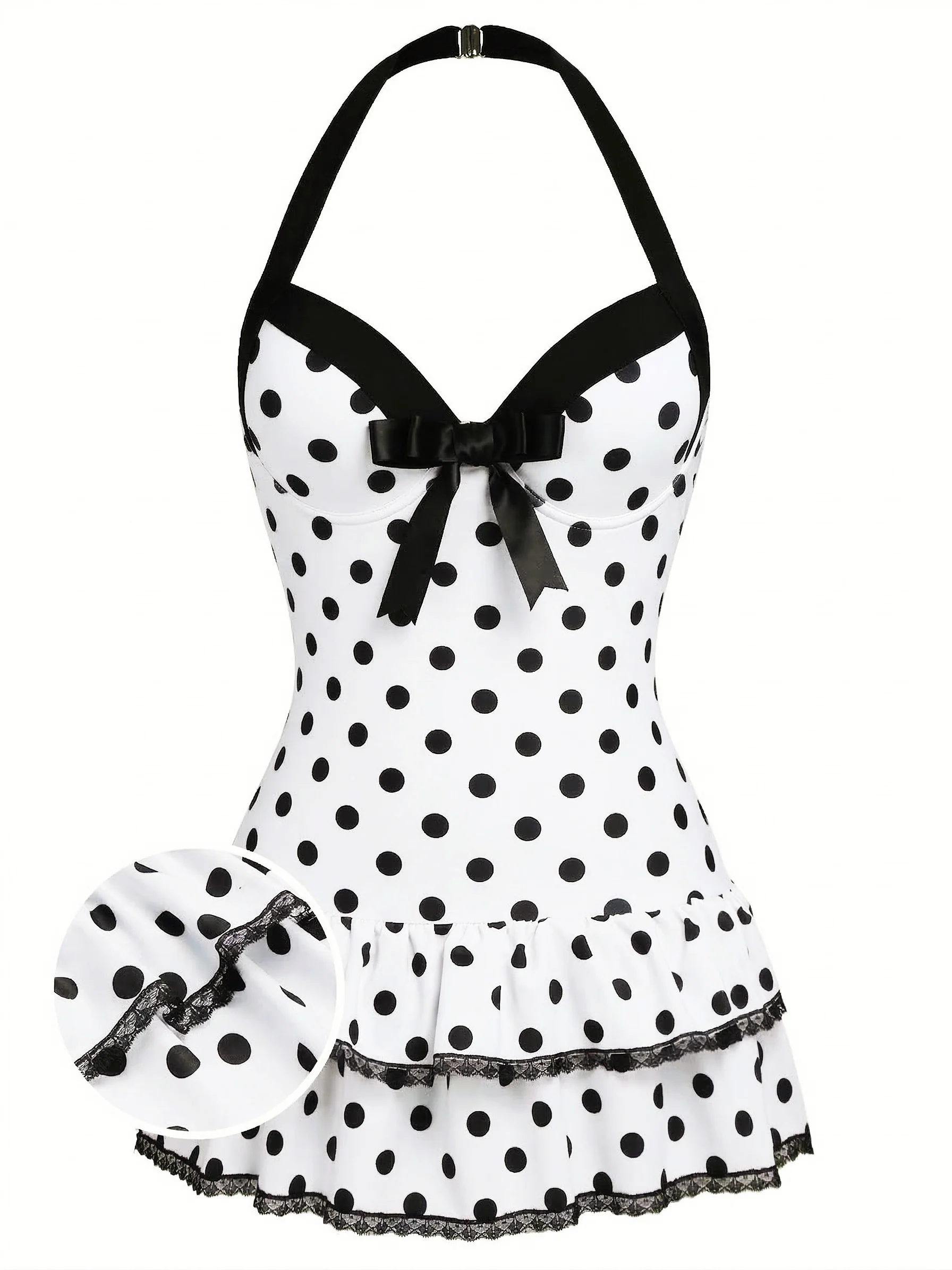 Pink 1940s Halter Polka Dots Bow One-Piece Swimsuit - Image 17