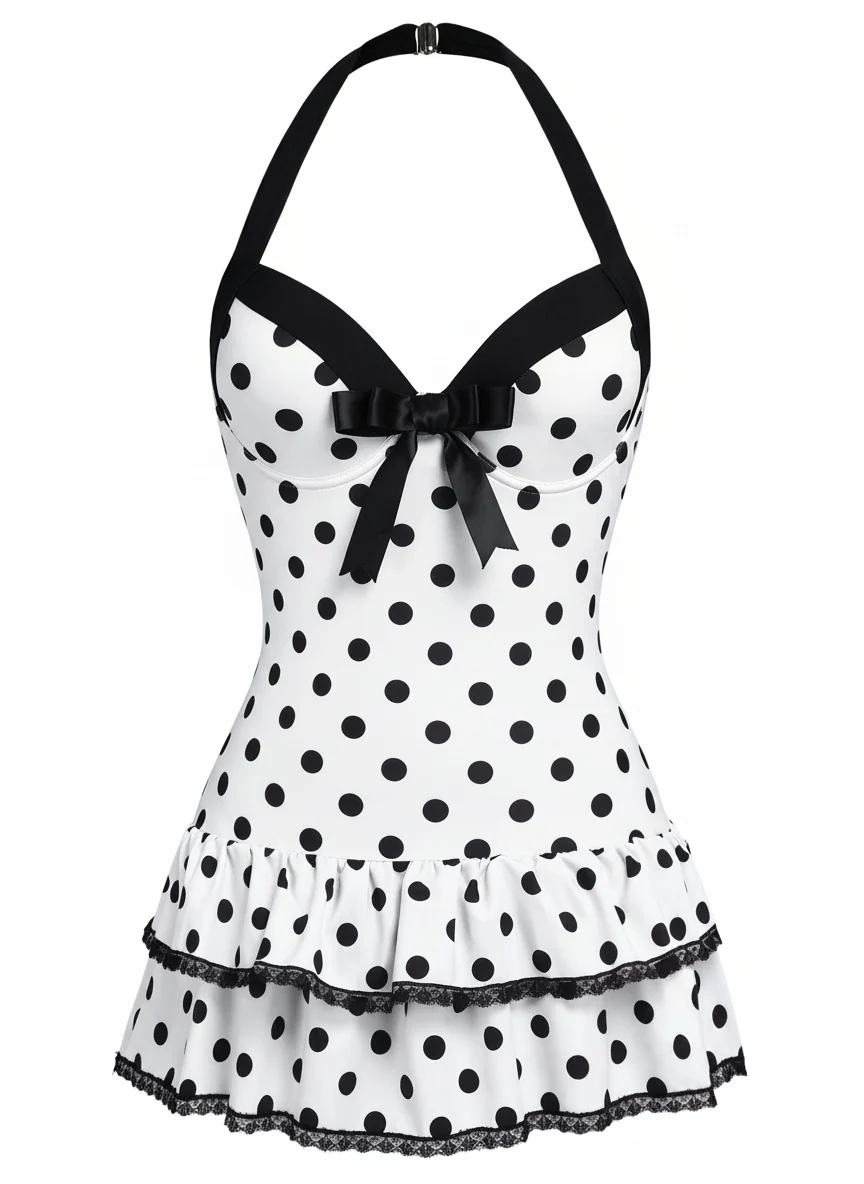 Pink 1940s Halter Polka Dots Bow One-Piece Swimsuit - Image 18
