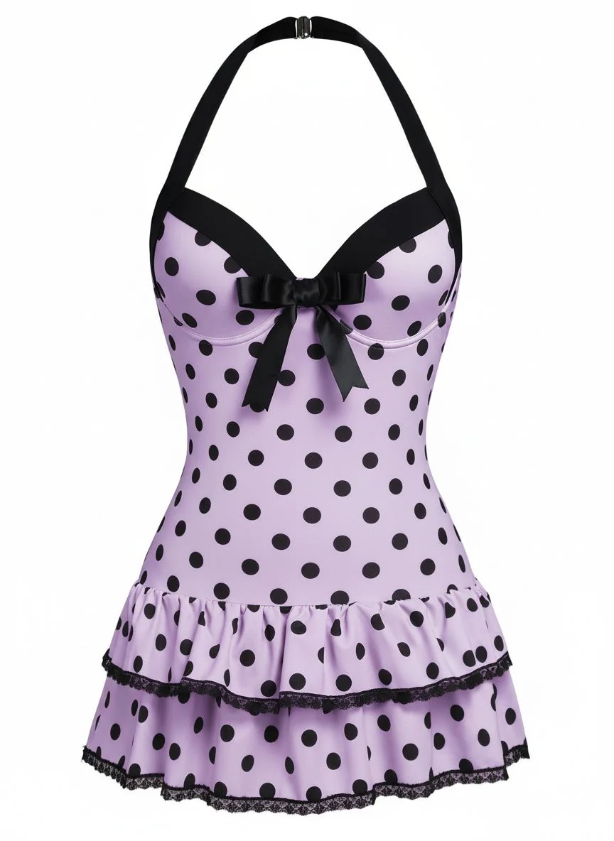Pink 1940s Halter Polka Dots Bow One-Piece Swimsuit - Image 24