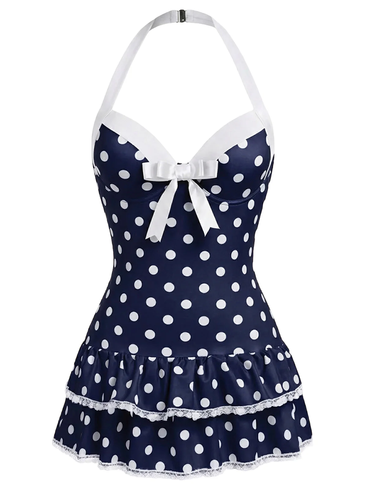 Pink 1940s Halter Polka Dots Bow One-Piece Swimsuit - Image 28