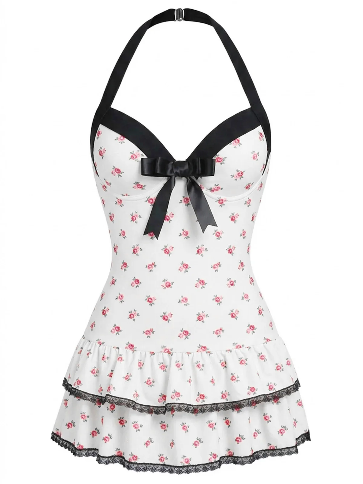 Pink 1940s Halter Polka Dots Bow One-Piece Swimsuit - Image 32
