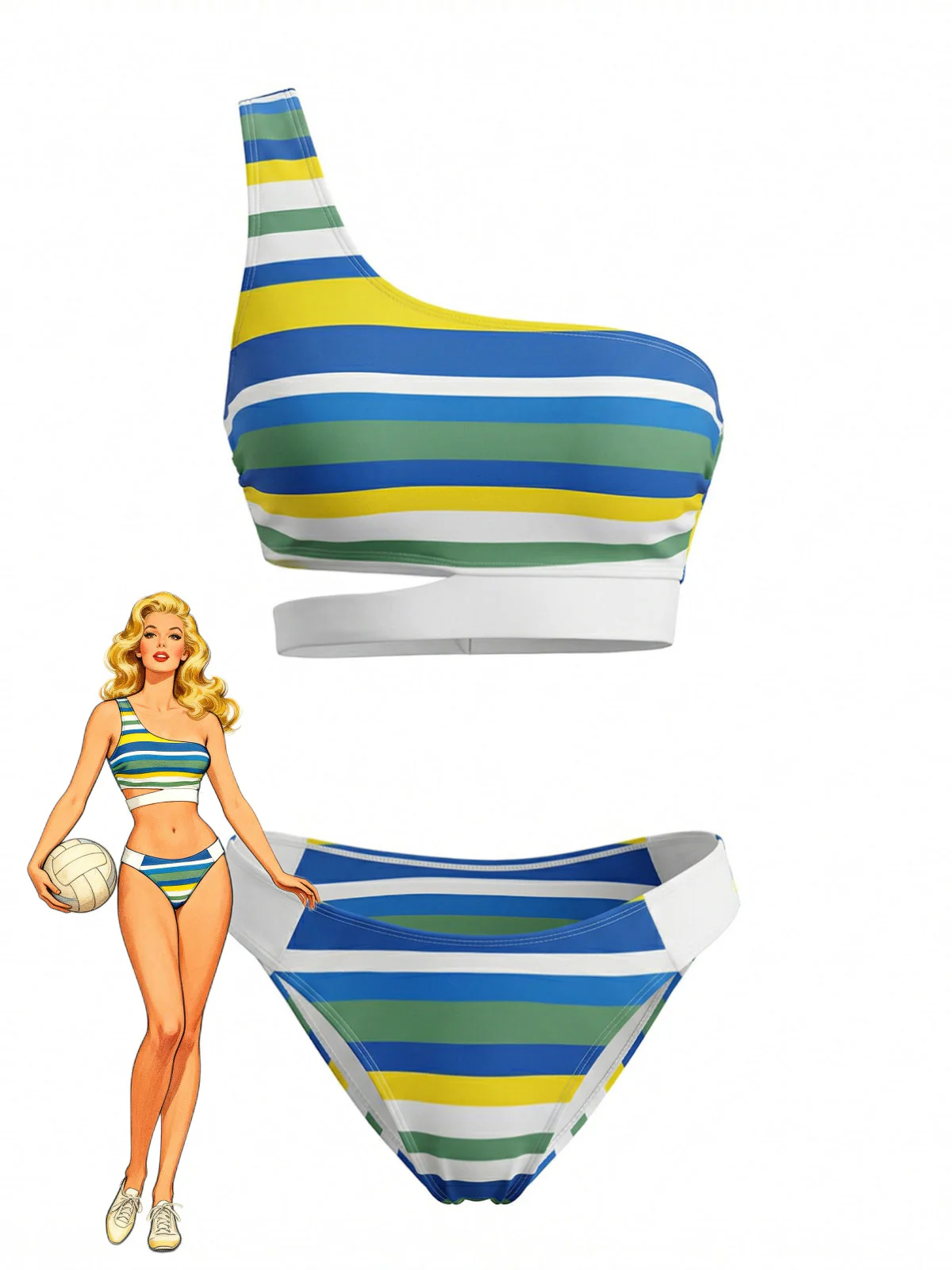 Blue 1940s Stripe One-Shoulder Cutout Bikini Set