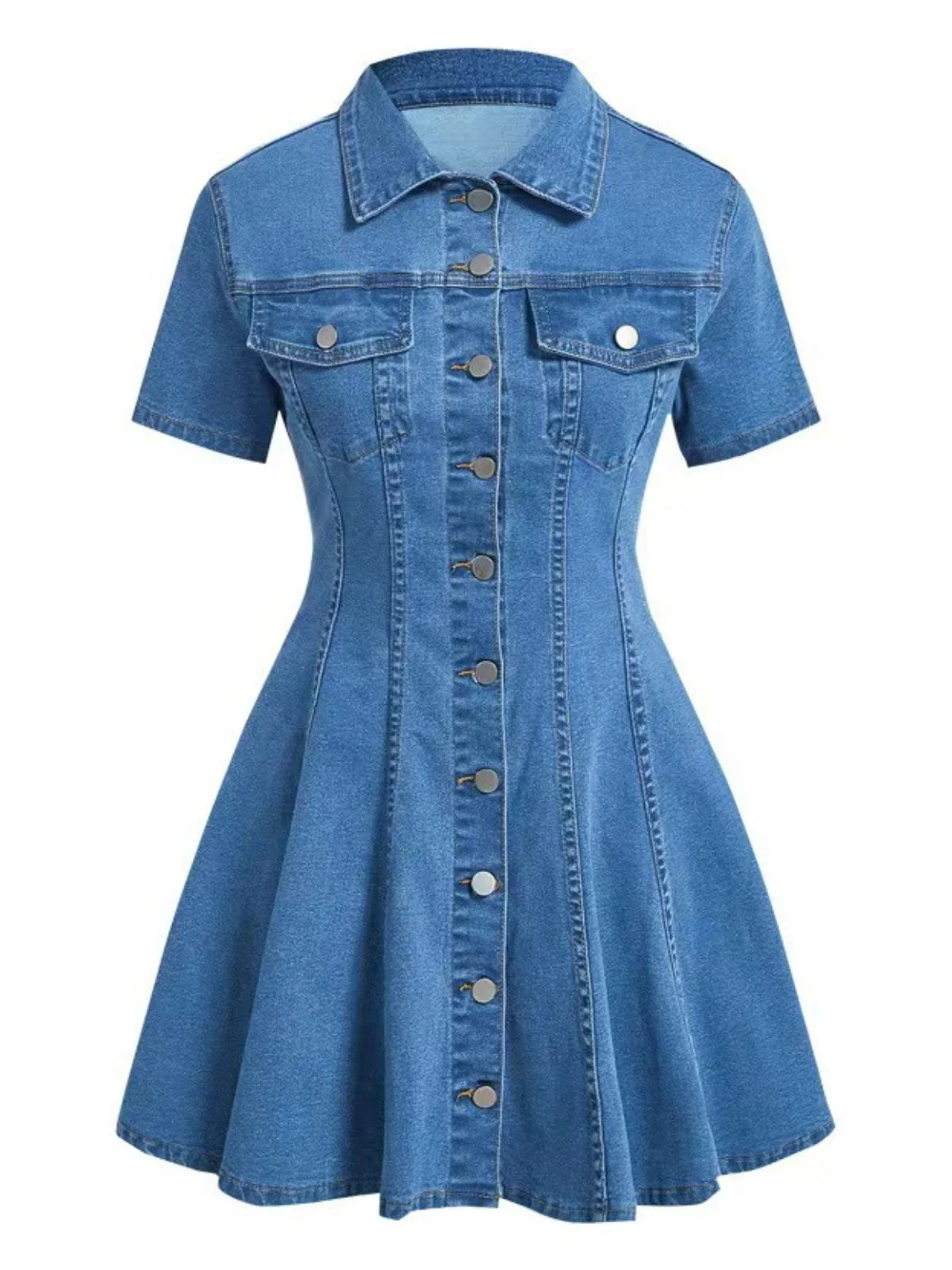 Blue 1950s Button Lapel Short Sleeve Denim Dress - Image 6