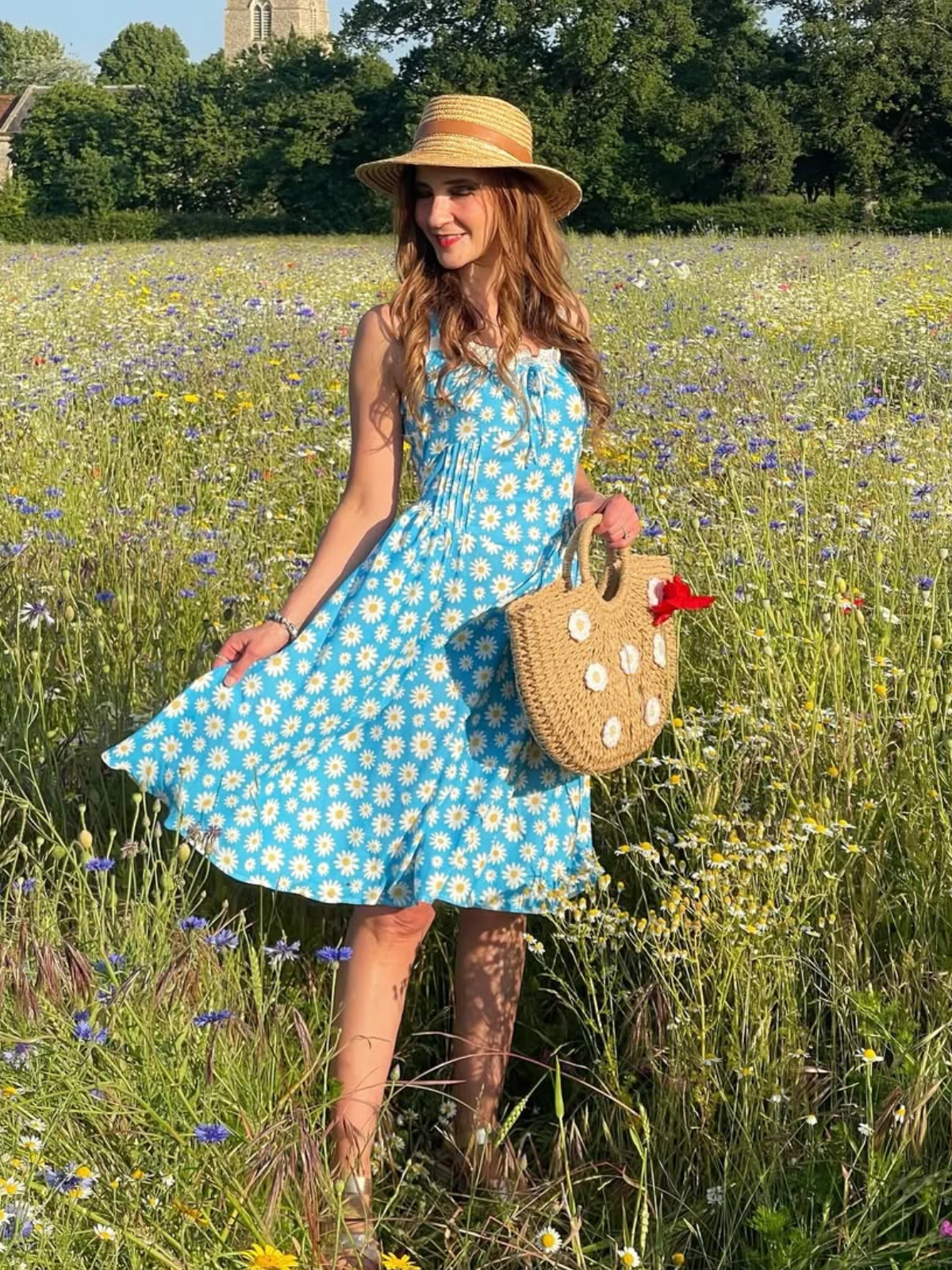 Blue 1950s Halter Lace Daisy Dress