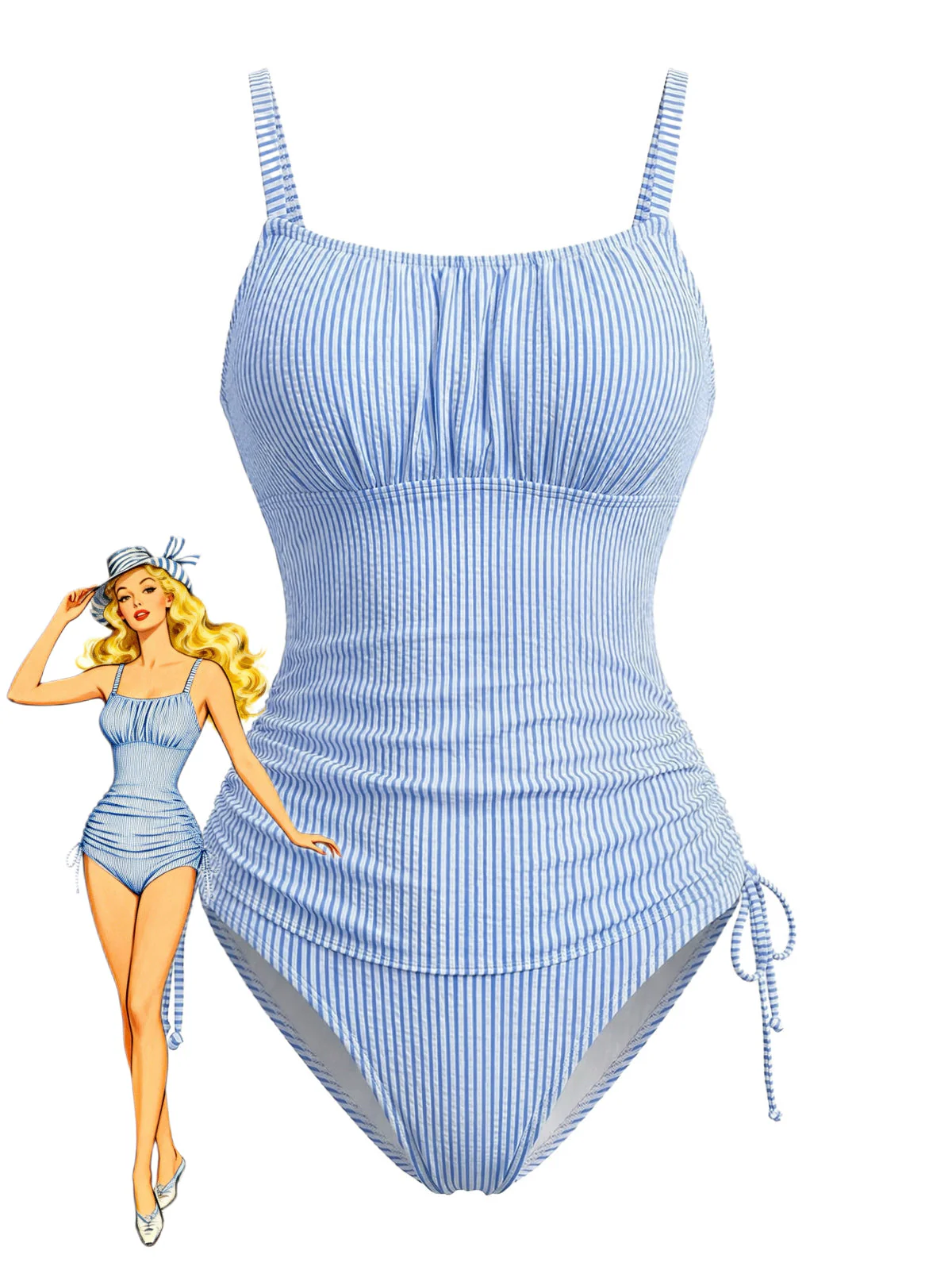 Blue 1950s Pinstripe Ruched Drawstring Tankini Set