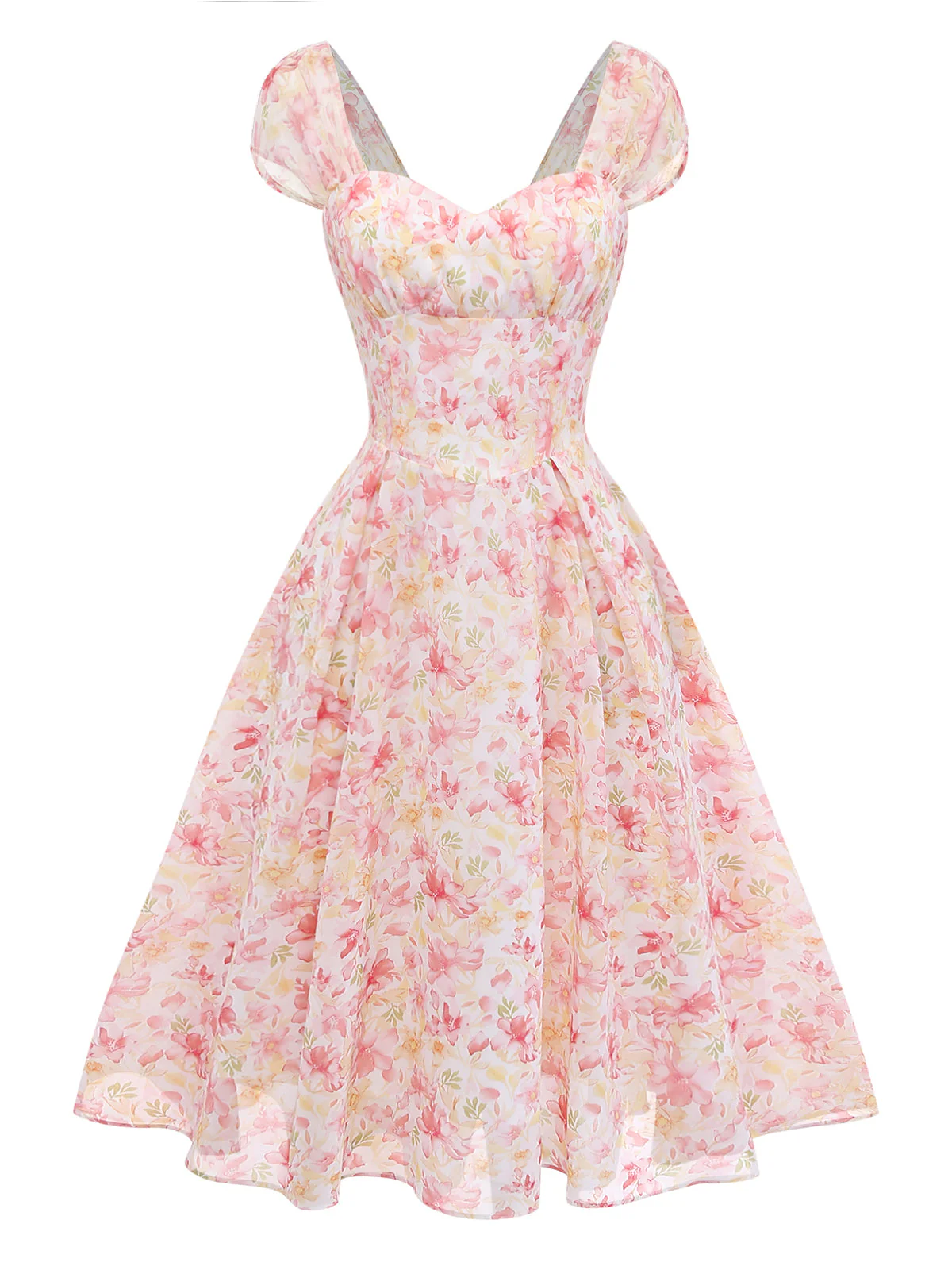 Blue 1950s Puff Sleeve Sweetheart Neck Floral Swing Dress - Image 3
