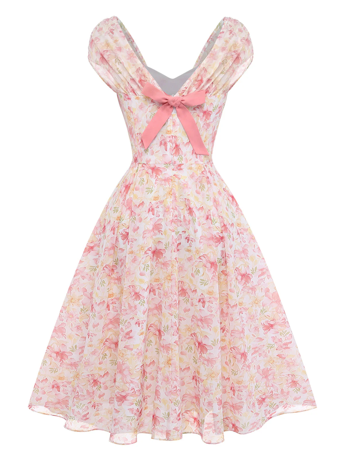 Blue 1950s Puff Sleeve Sweetheart Neck Floral Swing Dress - Image 4
