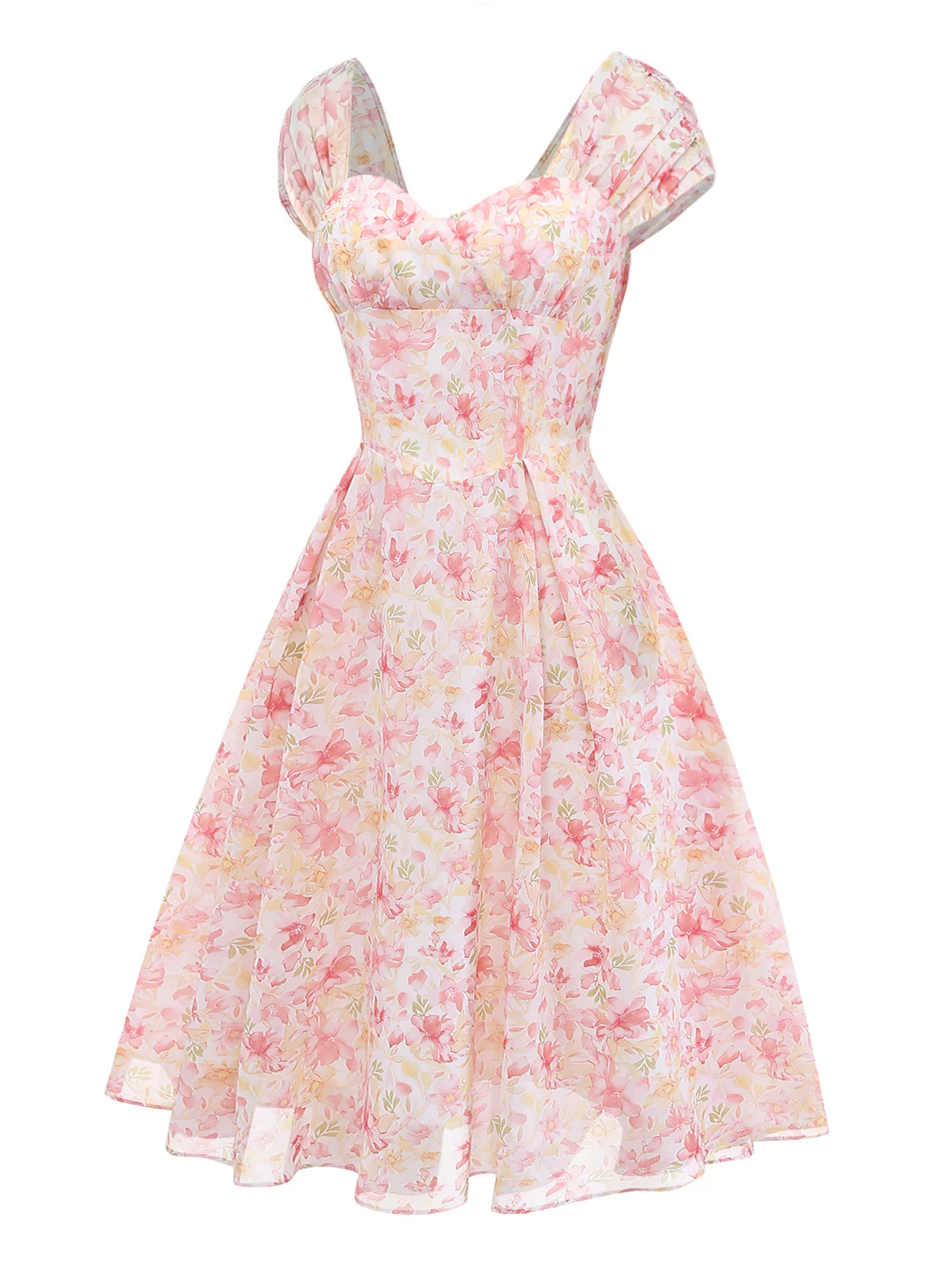 Blue 1950s Puff Sleeve Sweetheart Neck Floral Swing Dress - Image 5