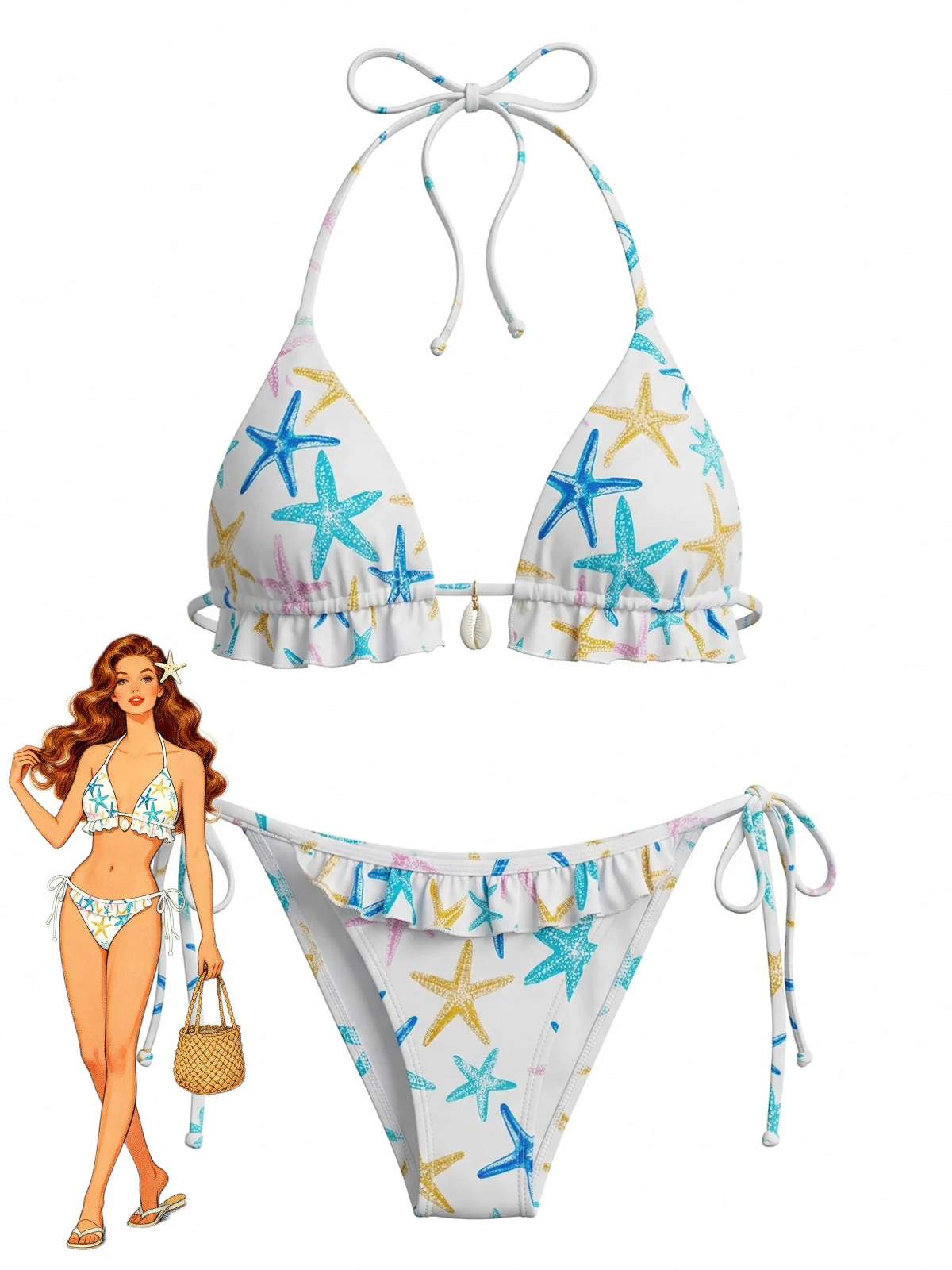 Blue 1950s Starfish Print Halter Ruffled Bikini Set