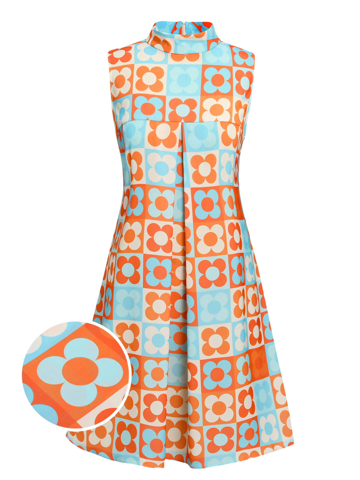 Blue 1960s Floral Stand Collar Dress - Image 4