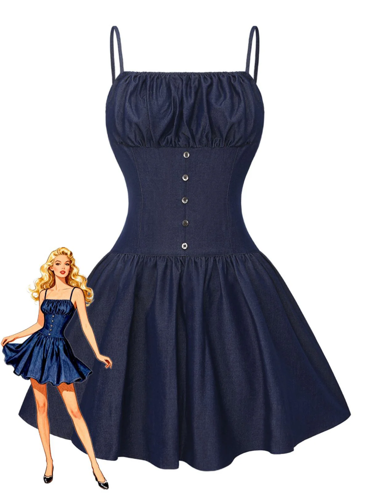 Blue 1960s Spaghetti Strap Ruched Mini Dress