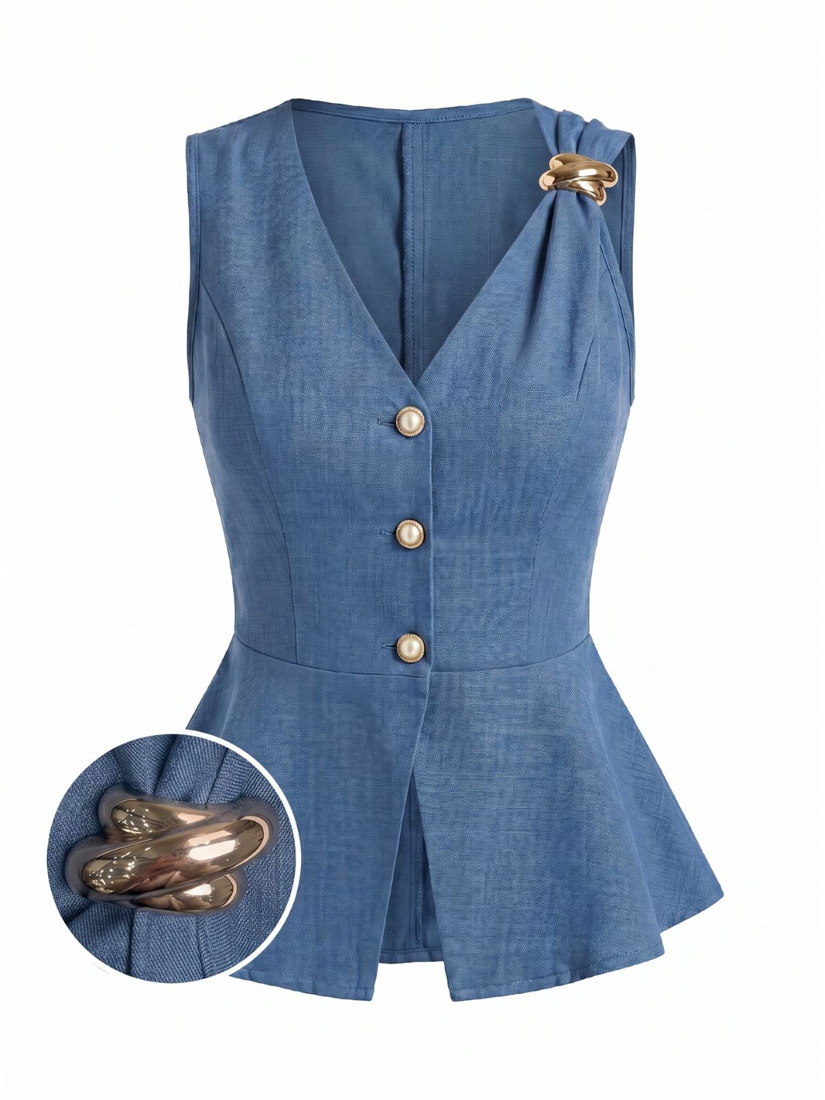 Blue 1960s V-Neck Pearl Button Vest