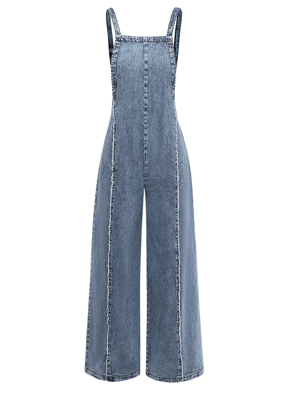 Blue 1970s Denim Wide-Leg Overalls Frayed Jumpsuit - Image 8