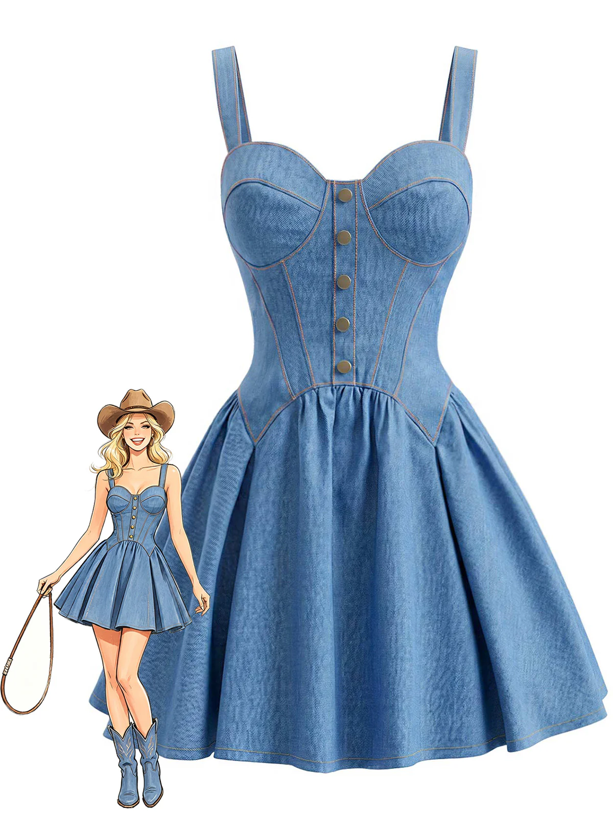 [Pre-Sale] Blue 1980s Faux Denim Sweetheart Corset Strap Mini Dress