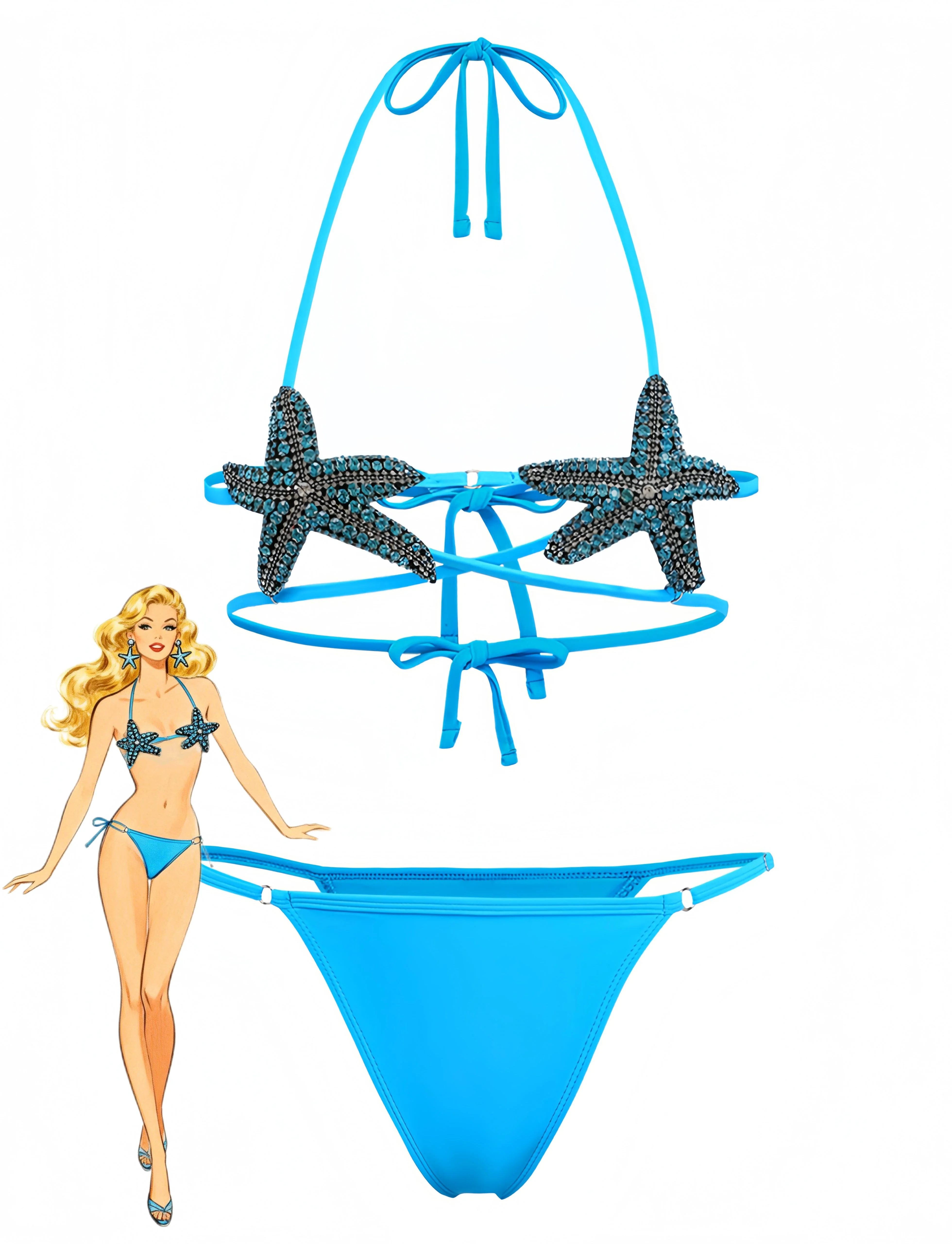Blue 1980s Halter Starfish Bikini Set