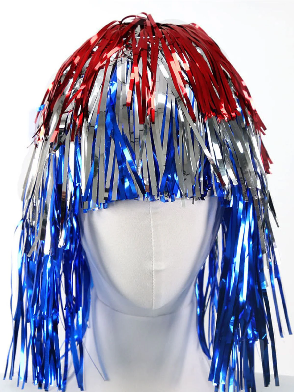 Blue & Red Metallic Tinsel Costume Wig Hat