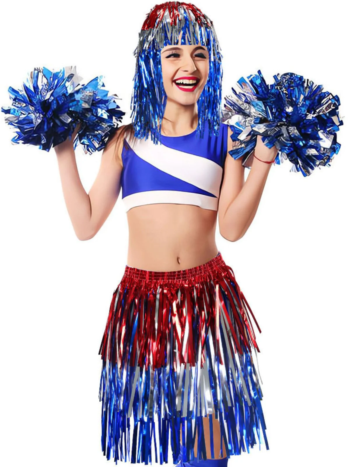 Blue & Red Metallic Tinsel Costume Wig Hat - Image 3