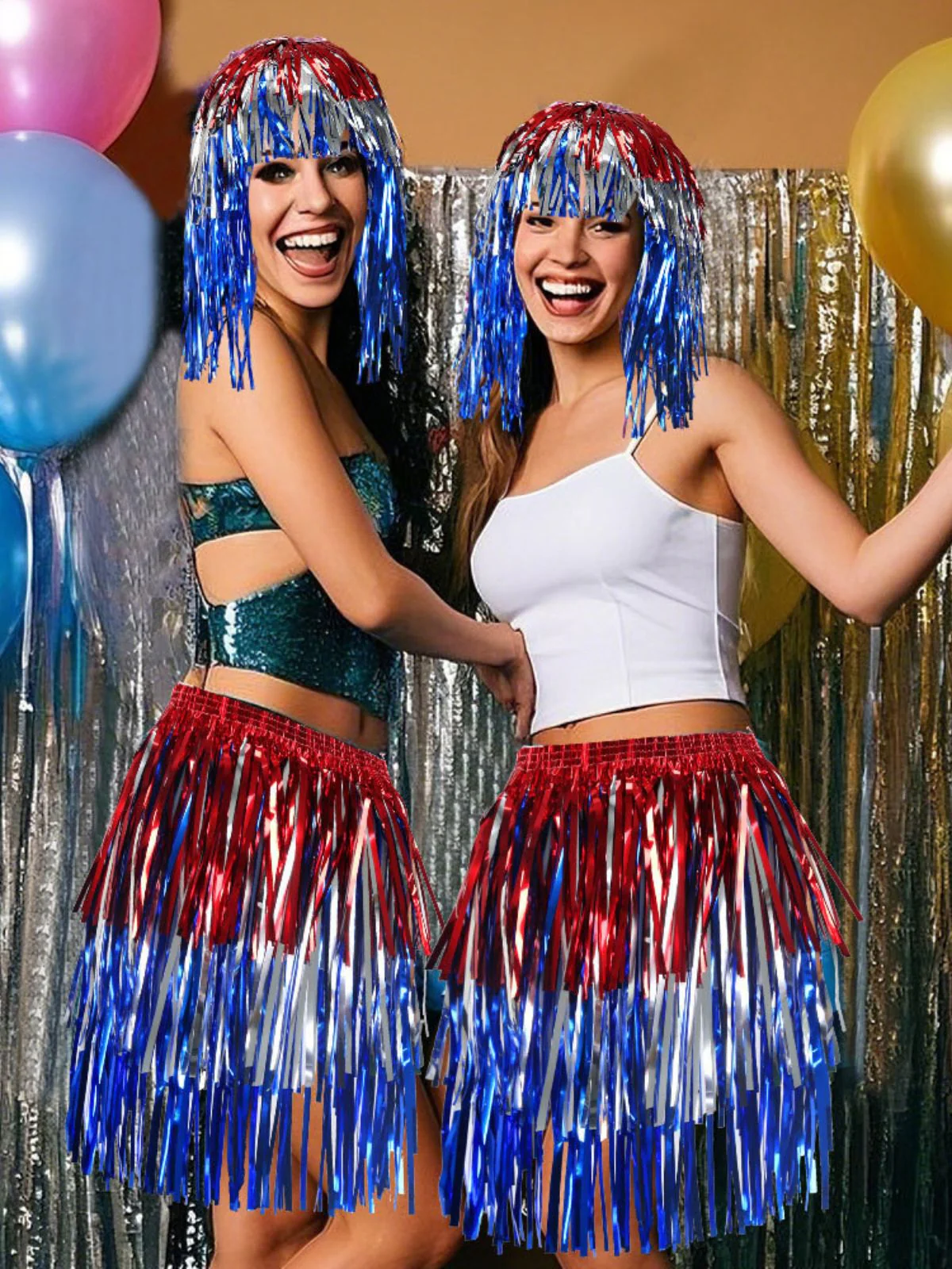 Blue & Red Metallic Tinsel Costume Wig Hat - Image 4