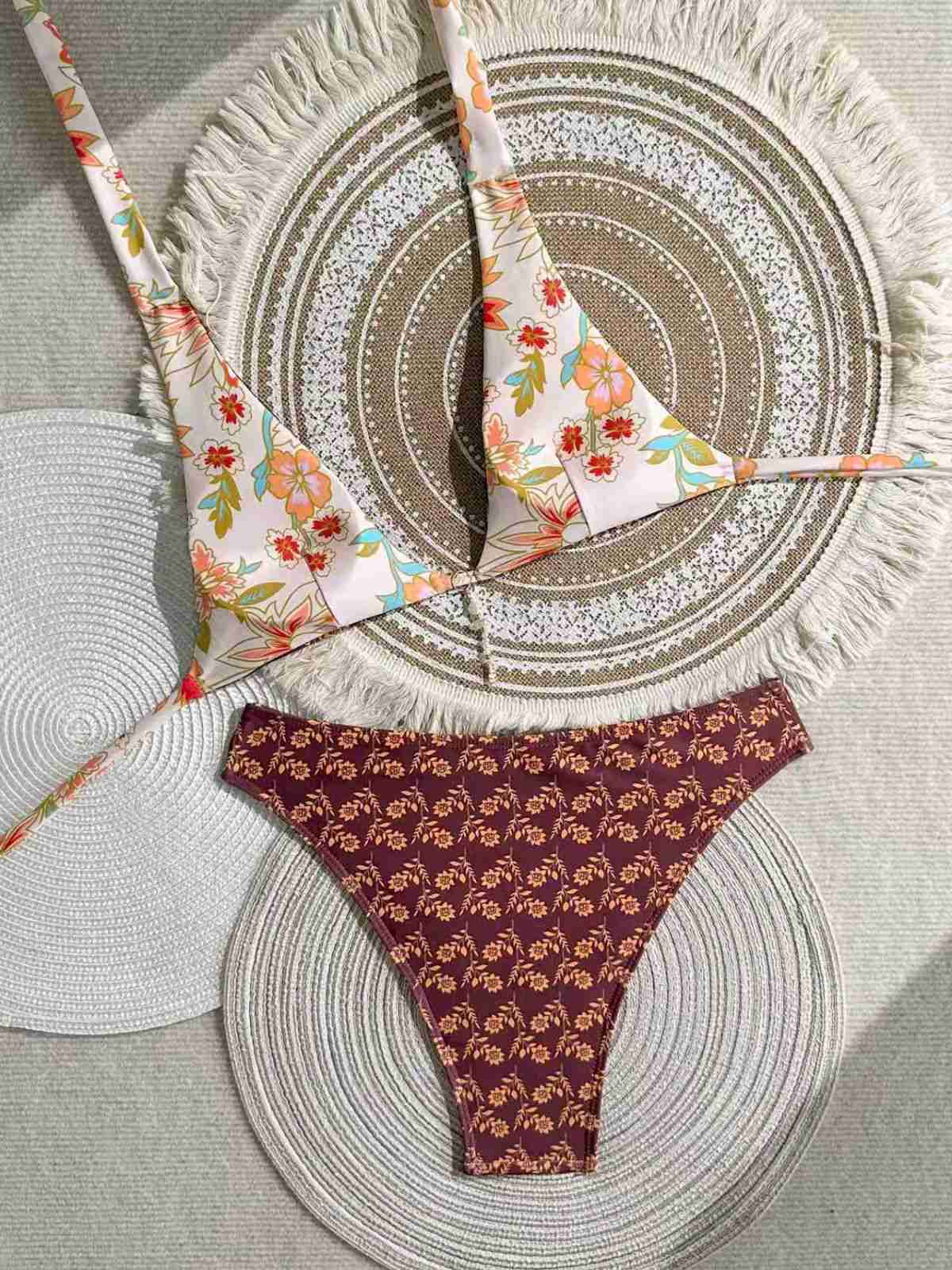Brown 1940s Reversible Flower Halter Bikini Set - Image 6