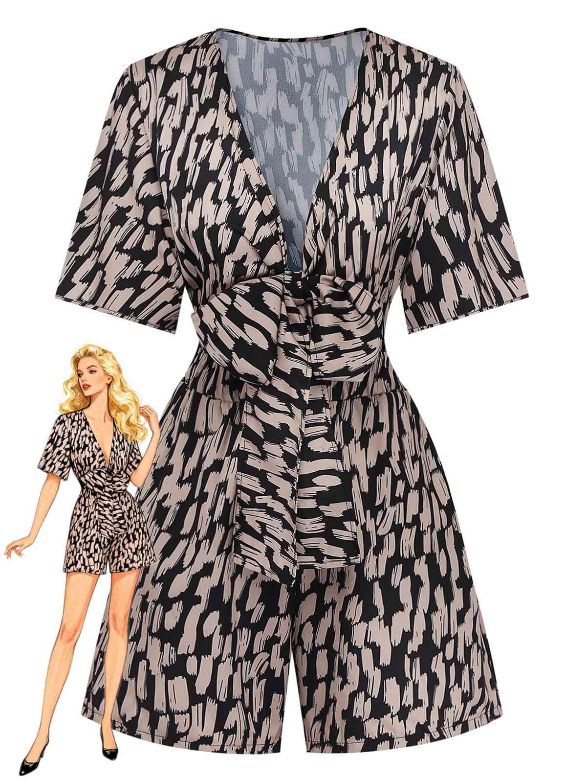 Brown 1940s V-Neck Leopard Satin Bind Romper