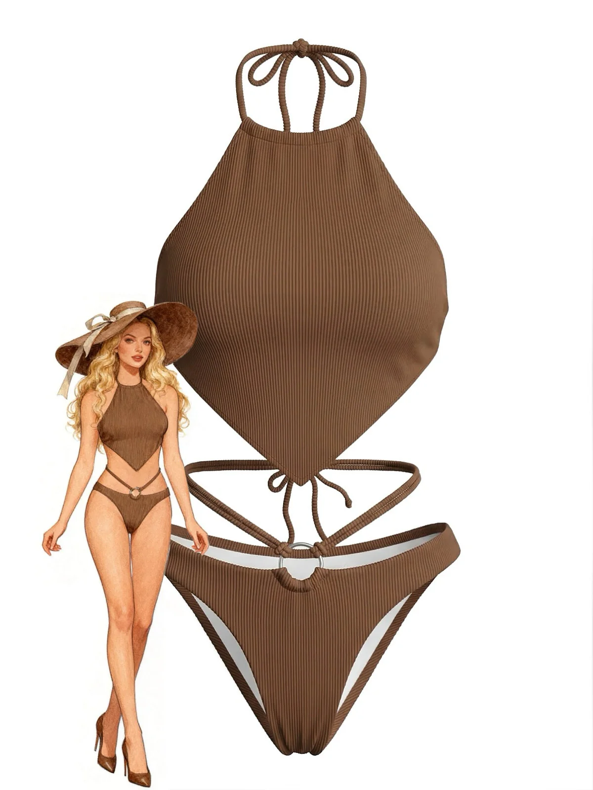 Brown 1960s Halter Ribbed Bikini Set