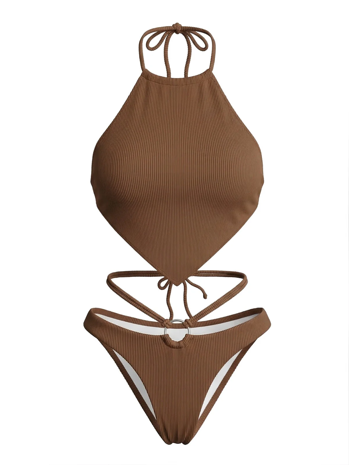 Brown 1960s Halter Ribbed Bikini Set - Image 2