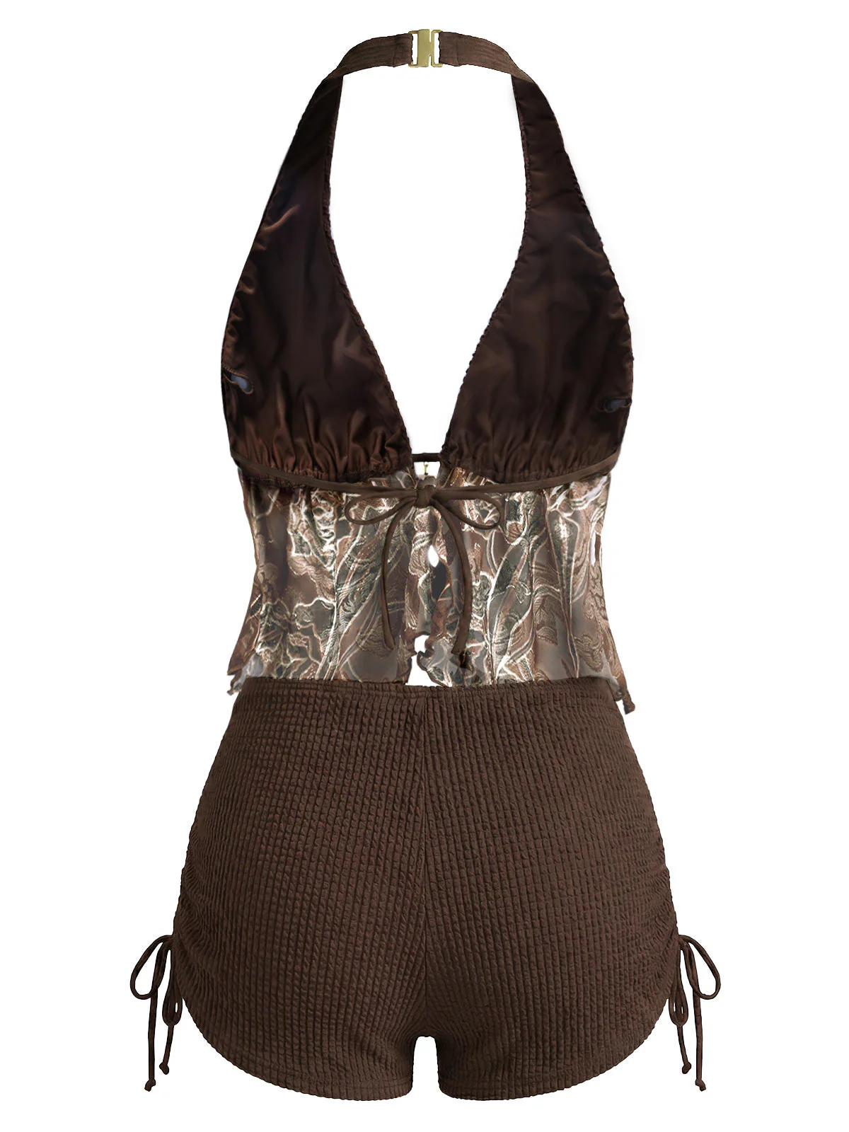 Brown 1960s Halter Sheer Embroidered Mesh Tankini Set - Image 4