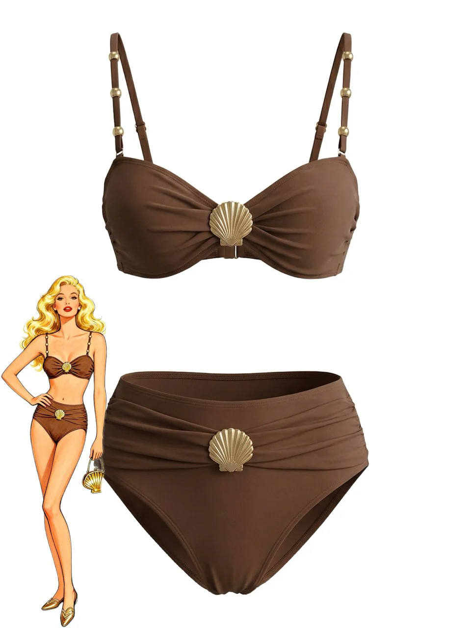 Brown 1970s Metal Shell Decor Ruched Bikini Set