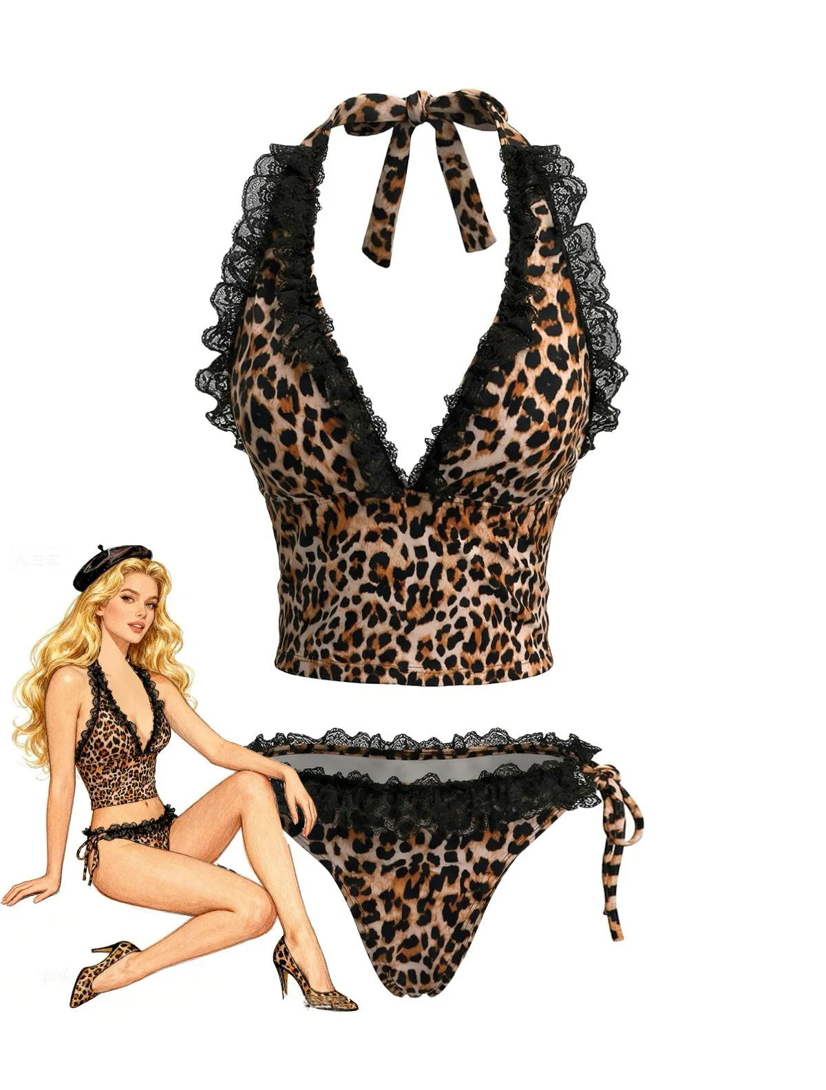 Brown 1980s Leopard Print Lace Trim Halter Tie Bikini Set