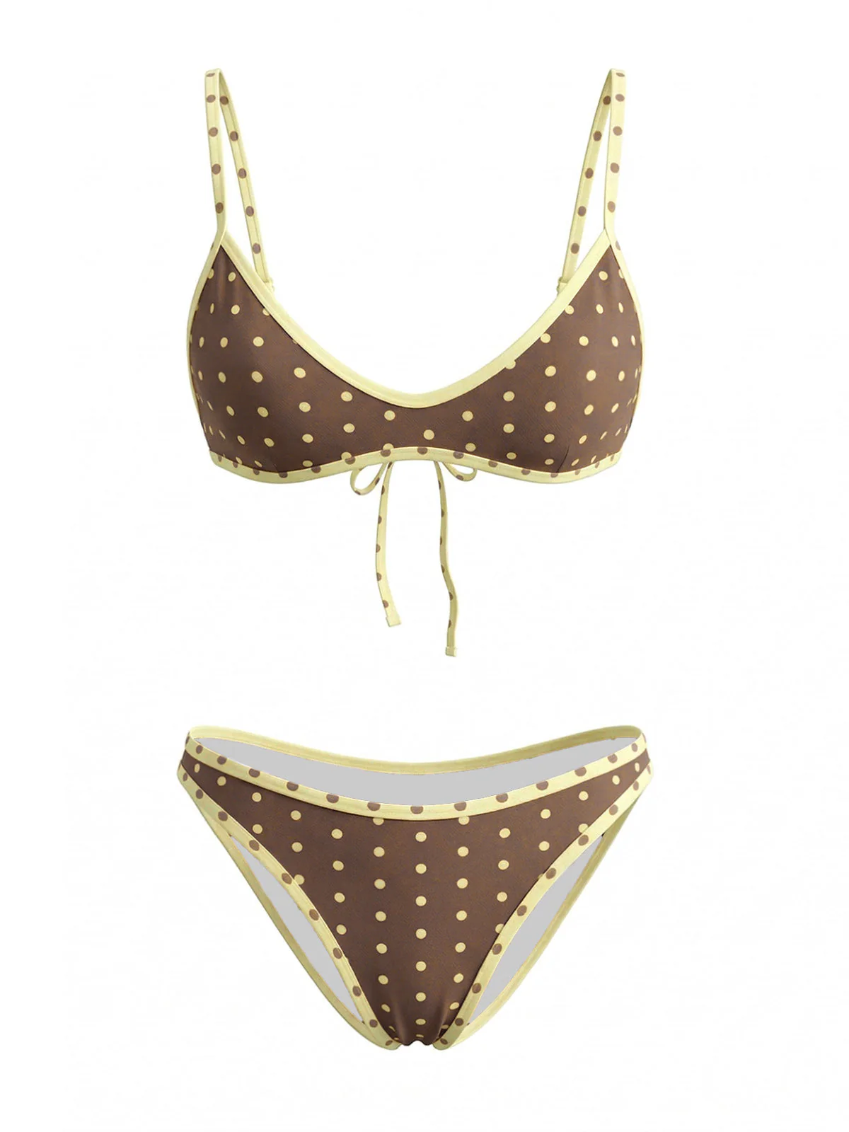 Brown 1980s Polka Dot Colorblock Tie Back Bikini Set - Image 2