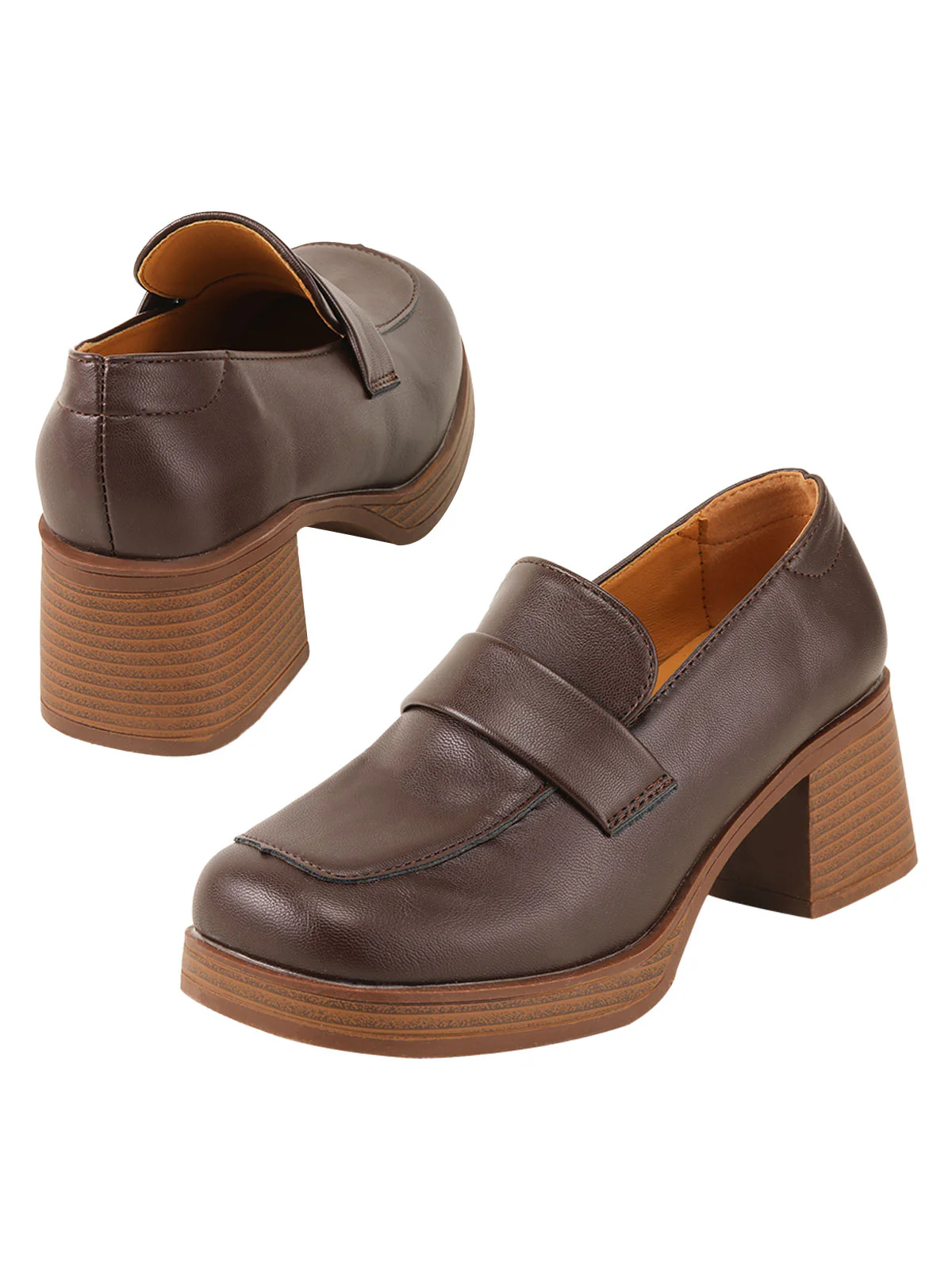 Brown Retro Square Toe Chunky Heels - Image 2