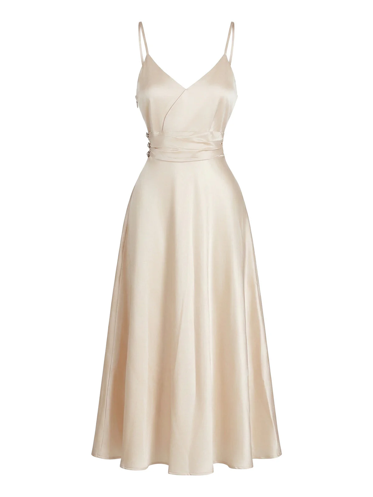 Champagne 1930s V-Neck Ruched Waist Satin Maxi Dress - Image 2