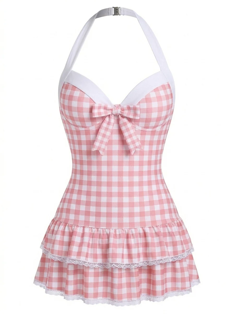 Pink 1940s Halter Polka Dots Bow One-Piece Swimsuit - Image 25