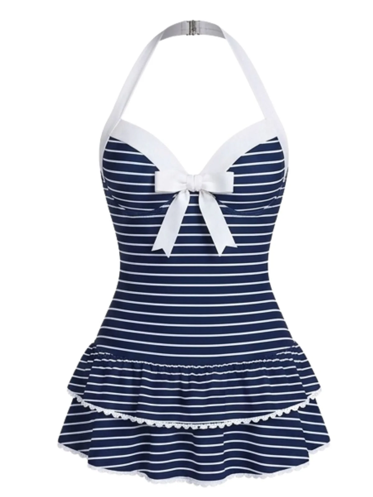 Pink 1940s Halter Polka Dots Bow One-Piece Swimsuit - Image 26