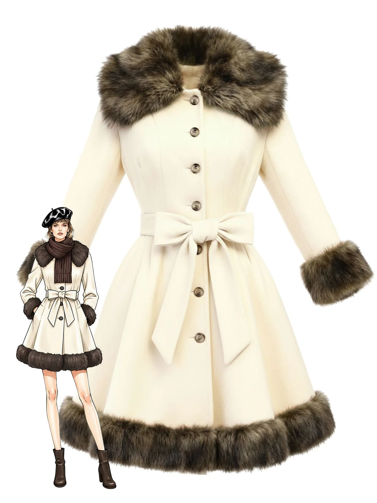 Cream 1950s Fur Collar Patchwork Coat