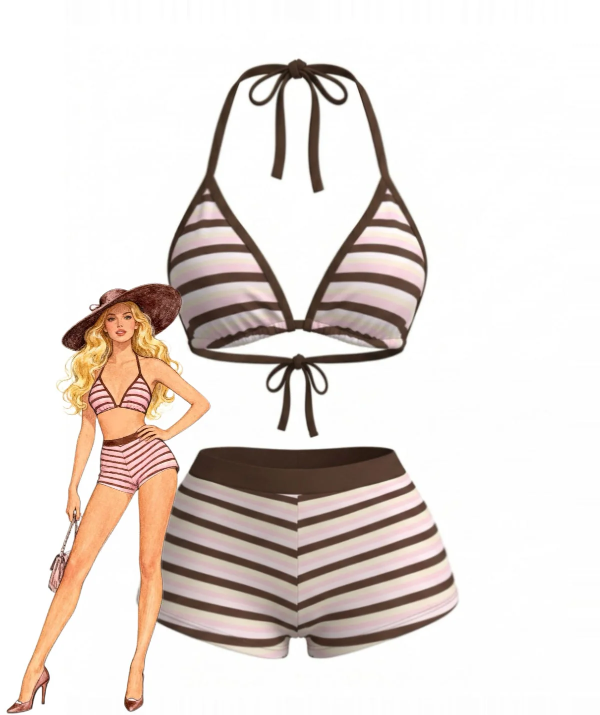 Dark Pink 1980s Lace-Up Striped Bikini Set