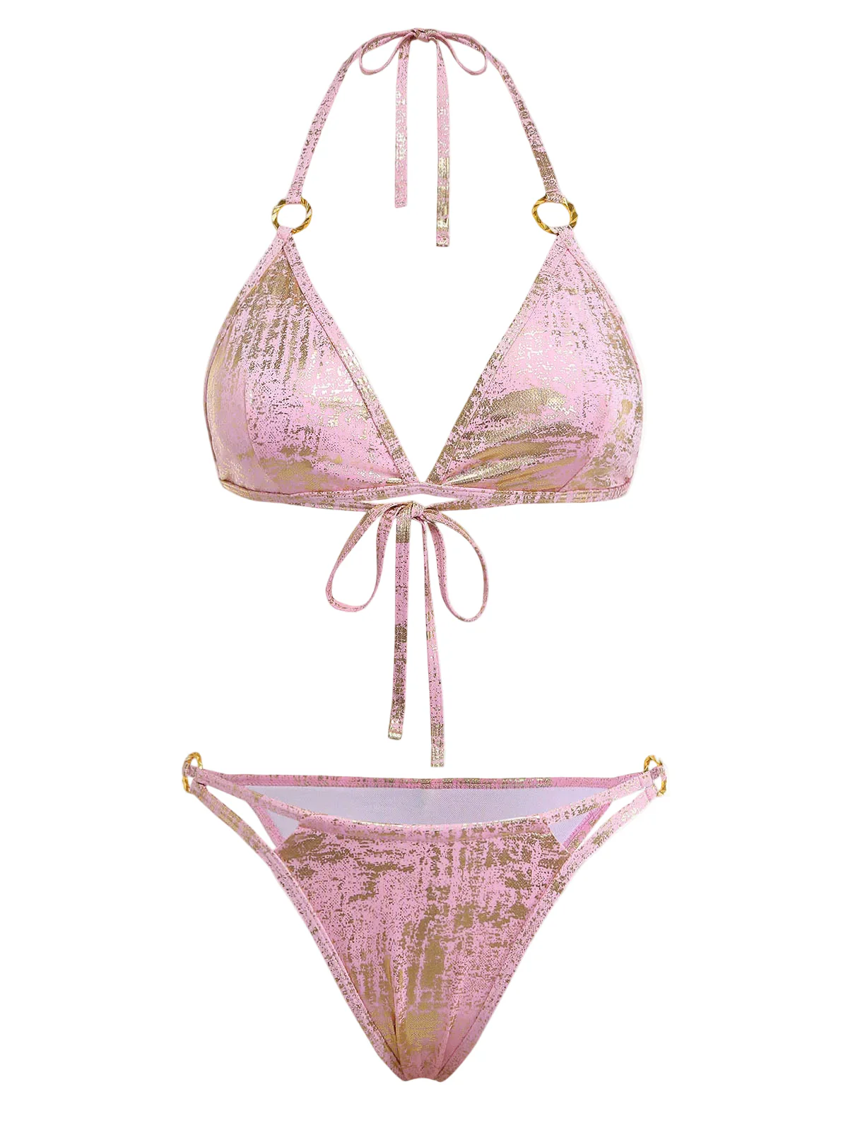 Pink 1980s Metallic Ring Triangle Halter Bikini Set