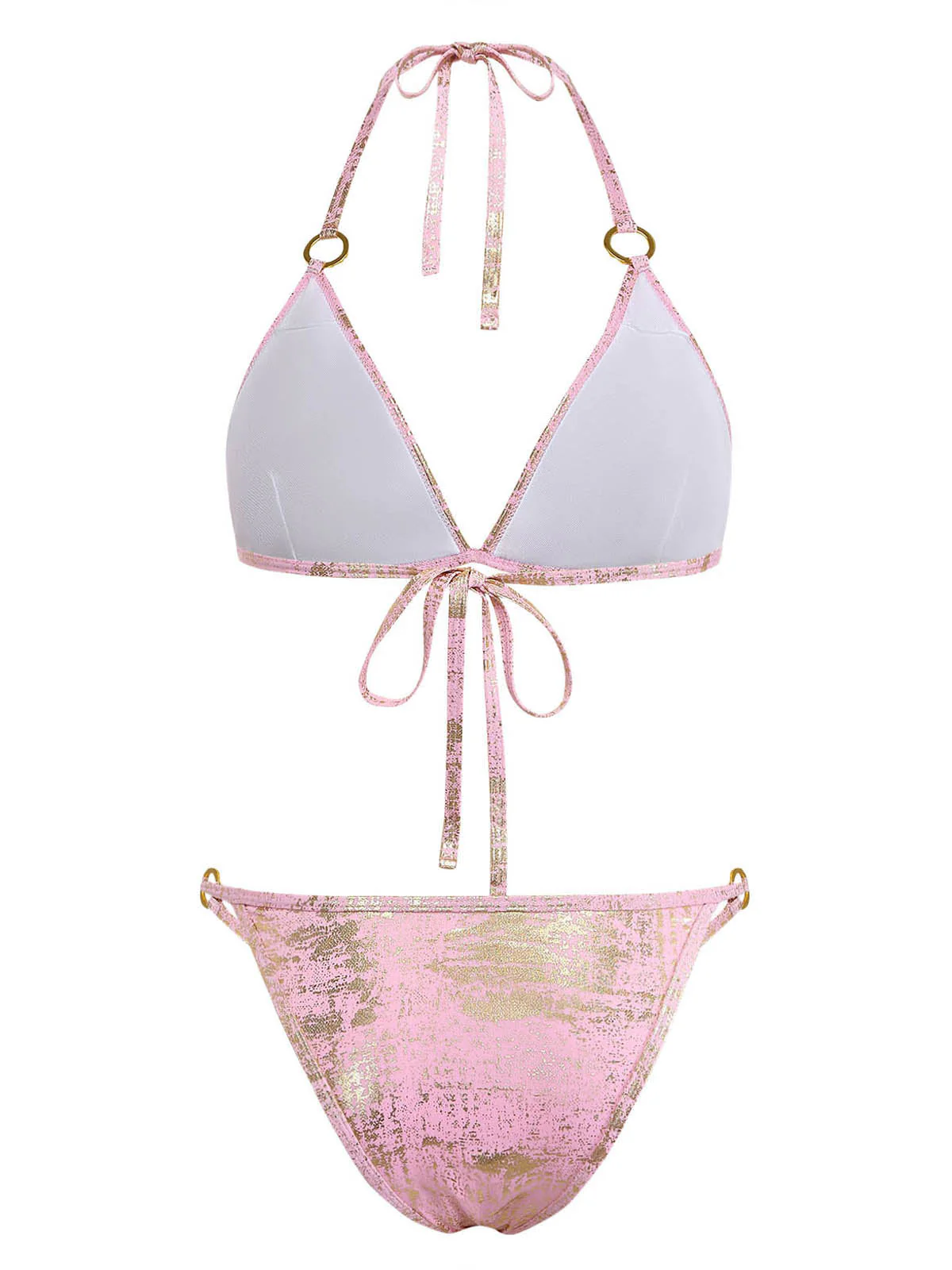 Pink 1980s Metallic Ring Triangle Halter Bikini Set - Image 2