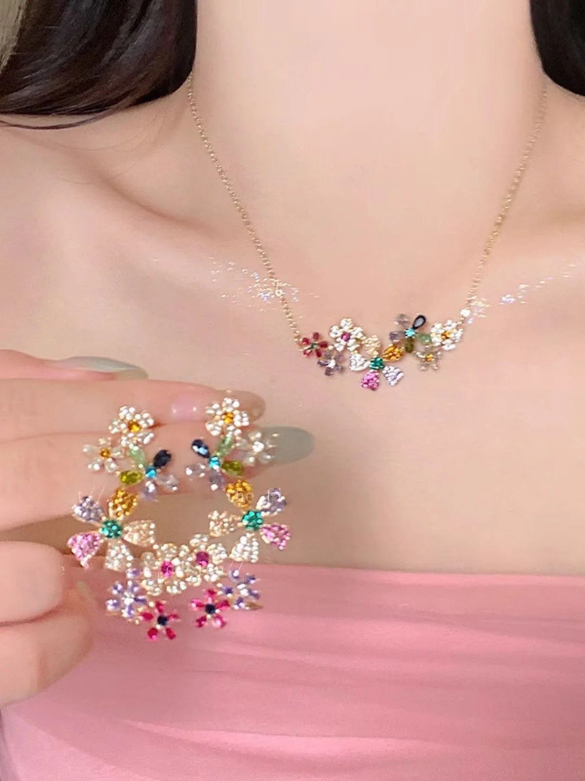 Gold Multicolor Floral Charm Necklace - Image 2