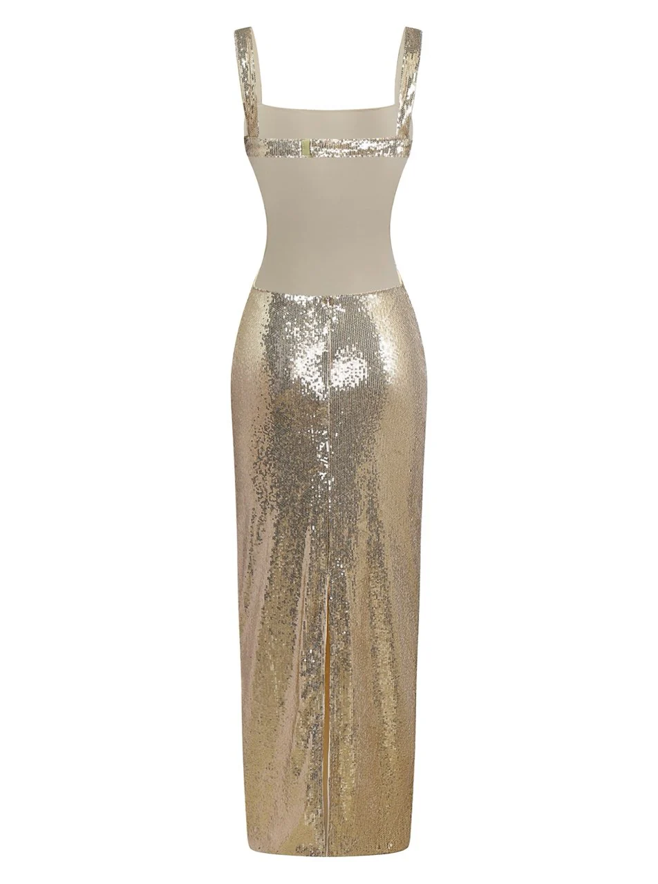 Gold Sequined Backless Evening Maxi Dress - Image 4