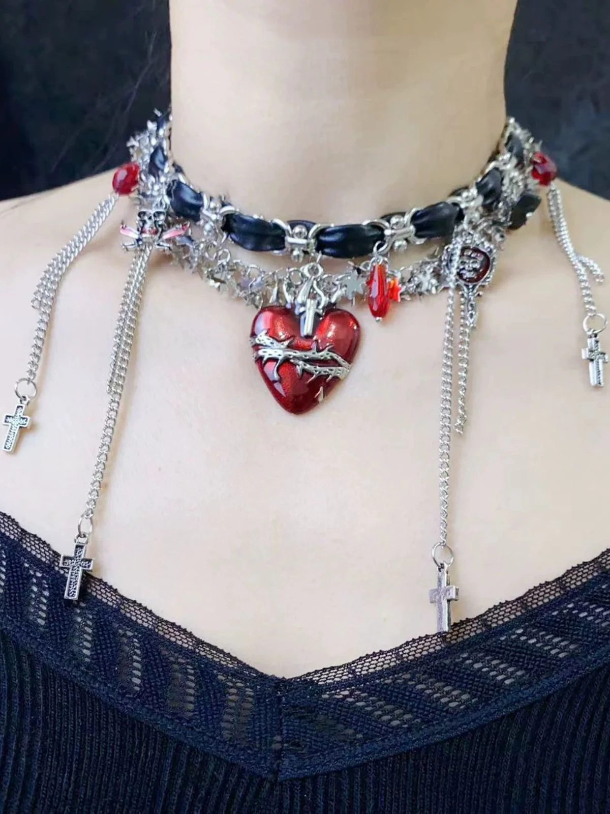 Gothic Thorns Heart Leather Cross Tassel Choker - Image 11